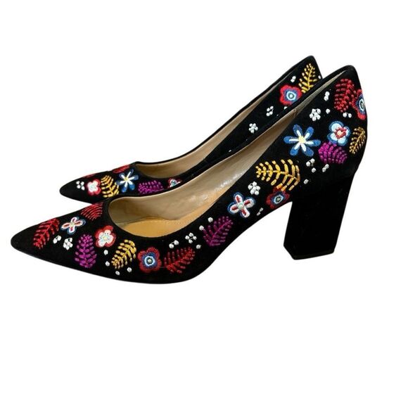 Gunmetal Black Suede Floral Embroidered Pointed Toe Heels - Picture 1 of 11
